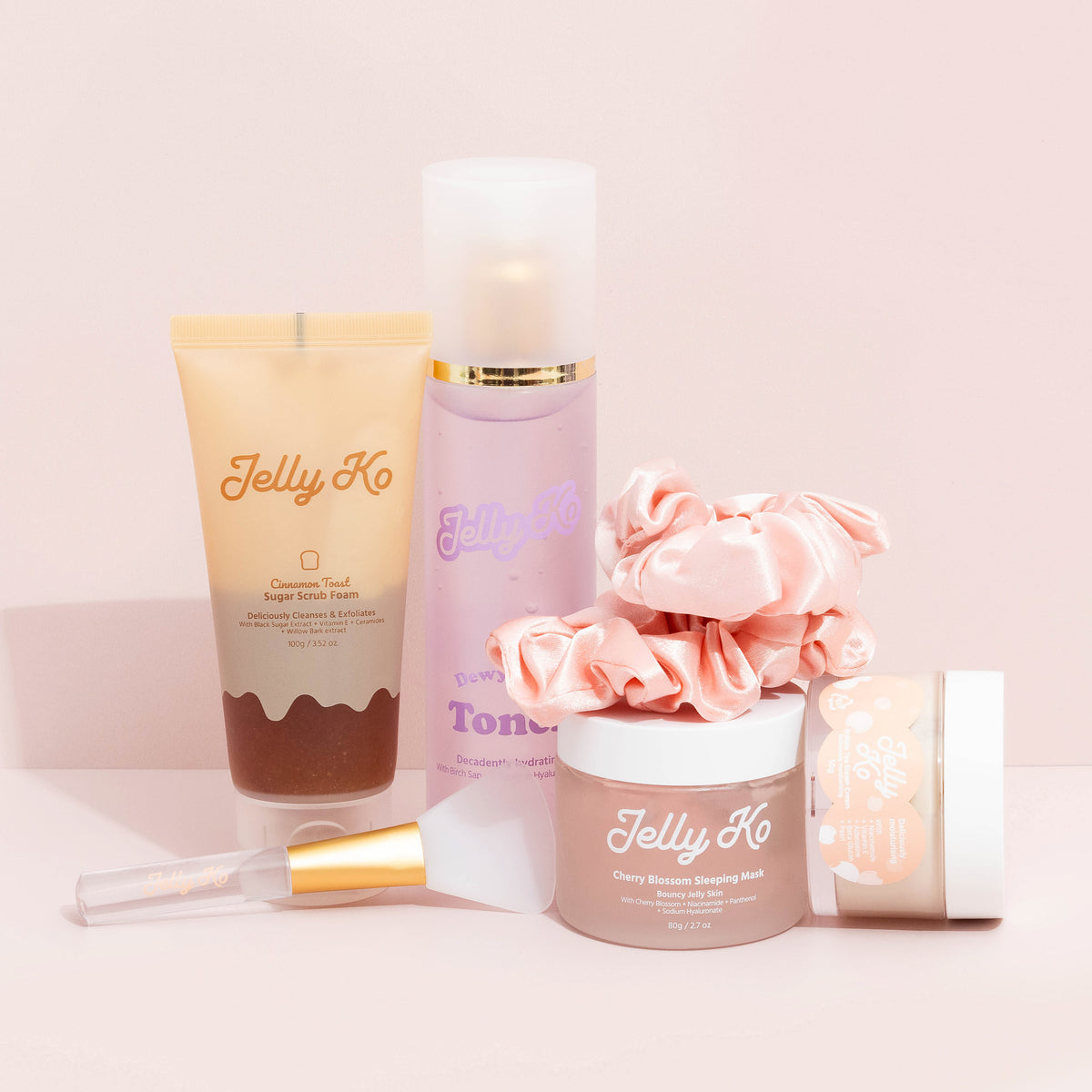 Jelly Ko skincare collection and scrunchies